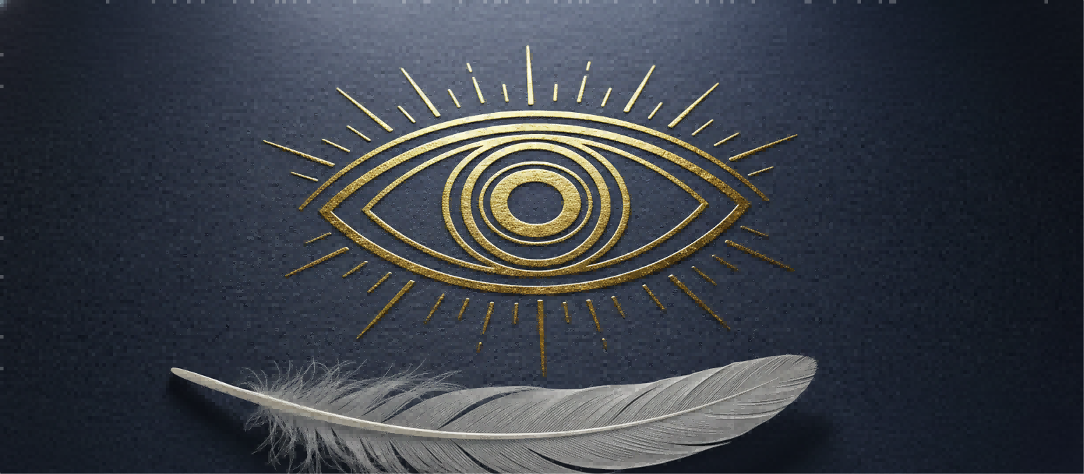 A digital art collection featuring an evil eye wallpaper displayed on a tablet with a matching printable intention card on a desk side | people ​planet  x star
